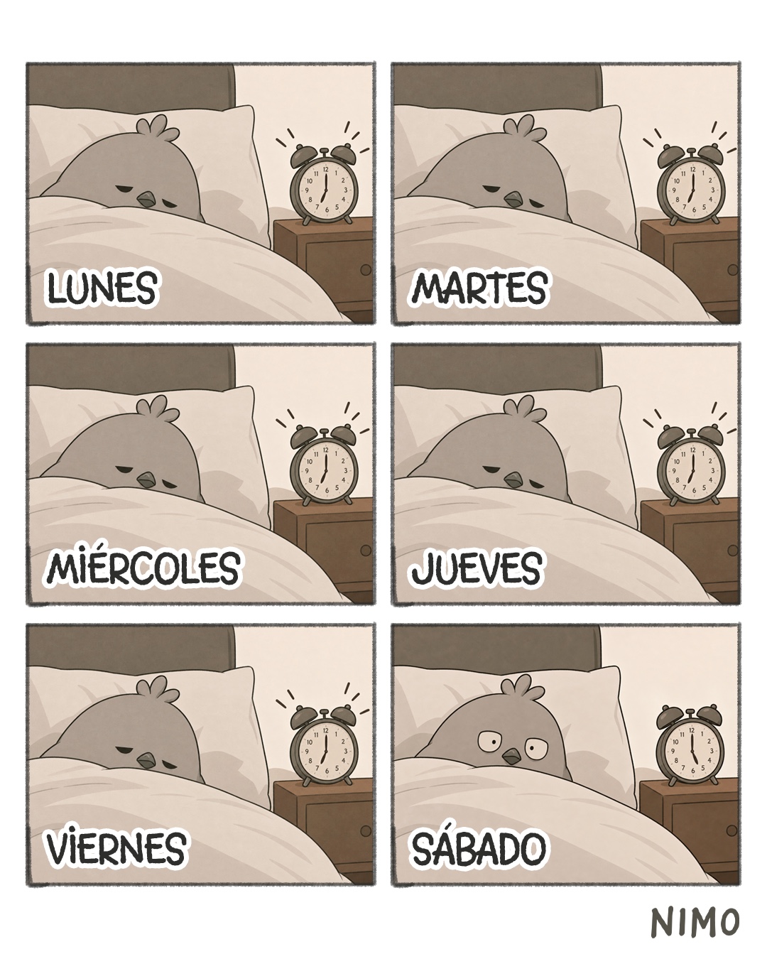 Seis viñetas de Nimo en la cama con el despertador, una por cada día de la semana