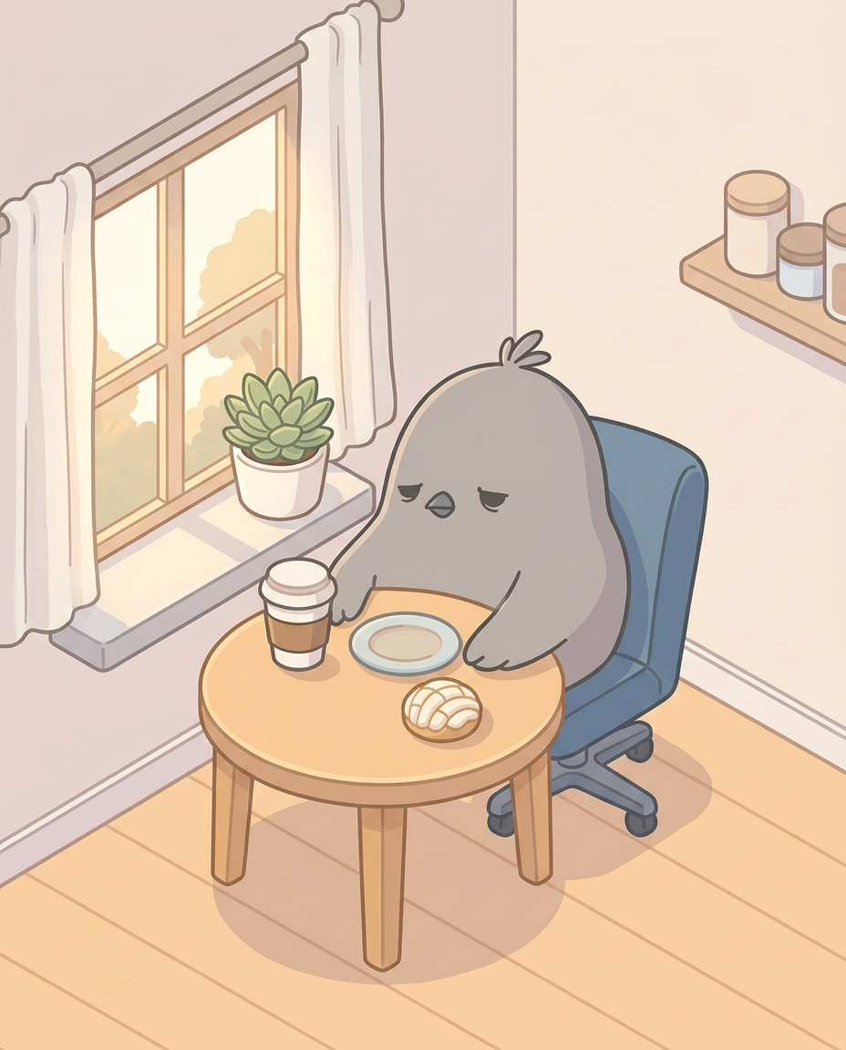 Nimo desayunando café y una concha de vainilla junto a la ventana
