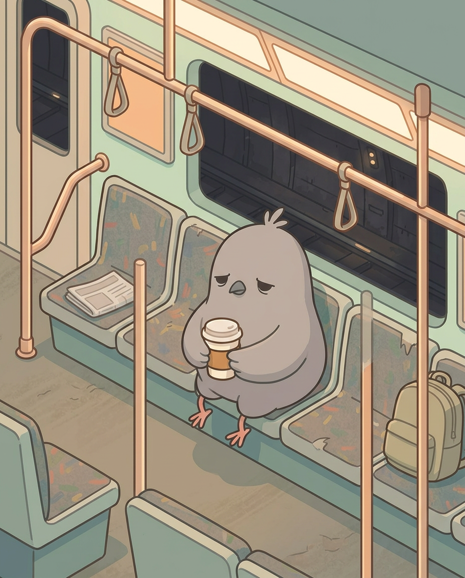 Nimo sentado con su café en un vagón de metro casi vacío